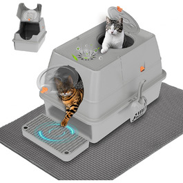 Місцезнаходження Katzenklo Edelstahl з кришкою, XXL туалет для котів закритий з двома відсіками для наповнювача, килимок для наповнювача та лопатка, двостулковий дизайн, легко чистити, утримує запах, сірий