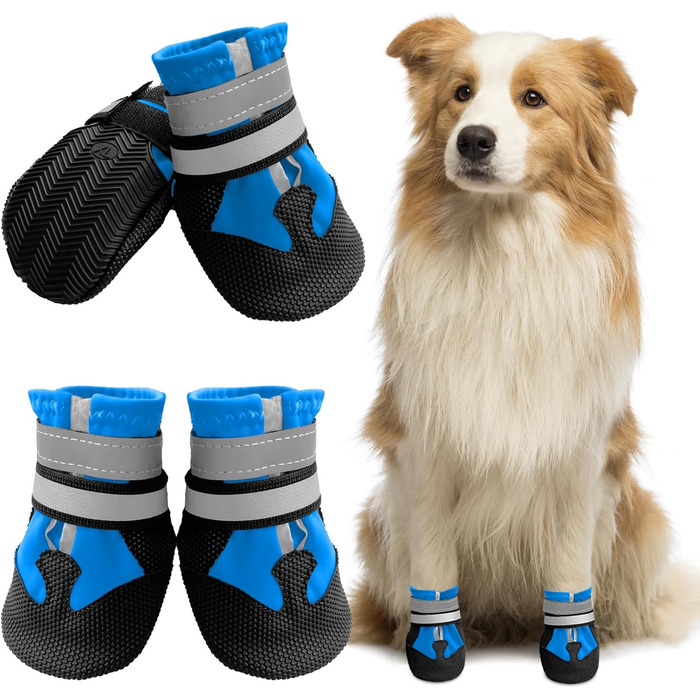 Взуття для собак, 4 шт. Водонепроникні чоботи для собак з антиковзкою підошвою та світловідбиваючим кріпленням, для маленьких, середніх та великих собак (XXL, Синій)