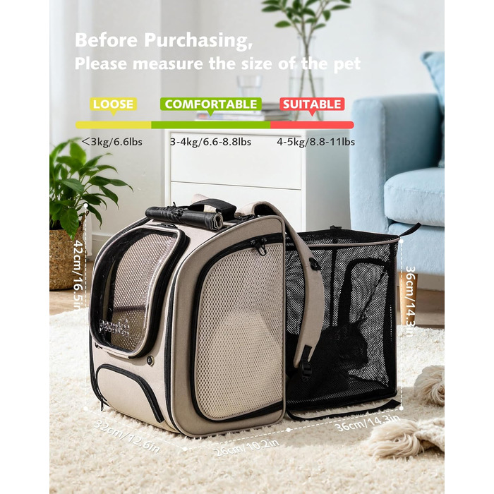 Пекют Рюкзак-переноска для кота з віконцем-бульбашкою, великий (32x26x42 см, хакі)