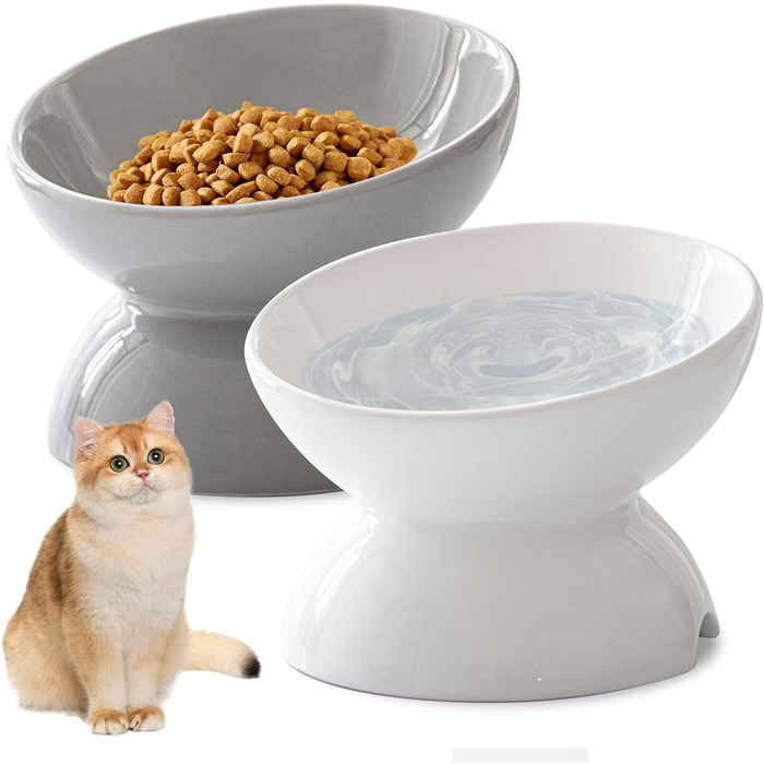 Підвищені годівниці для котів 2 шт. - керамічні миски для корму з захистом від перекидання, білі та сірі