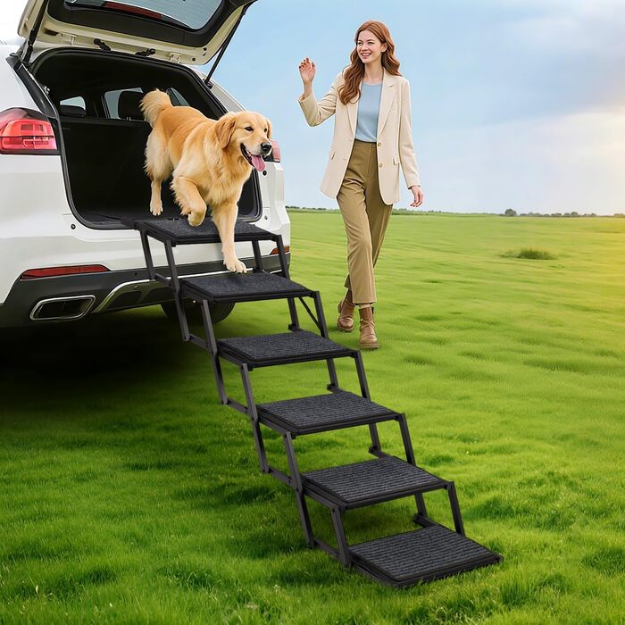 Сходинка для собак у машину, складна, до 113 кг - для великих собак, SUV, Anti-slip, метал та тканина, 6 сходинок, сіра