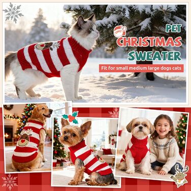 Пуловер для собак на Новий рік, теплий, м'який, осінньо-зимовий, з високим коміром, в'язаний, одяг для цуценят, милий олень, червоний, светри для собак, святковий, з короткими рукавами, (XXS (1-3 lbs), червоний/білий)