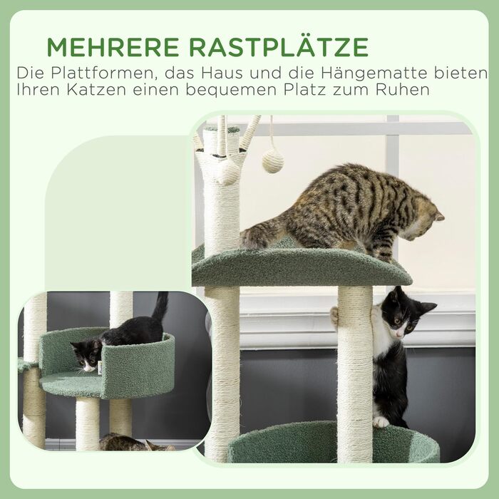 Дерев'яний будиночок для котів PawHut 123H - когтеточка, ліжко, іграшки, сизаль, плюш, кремово-білий+зелений