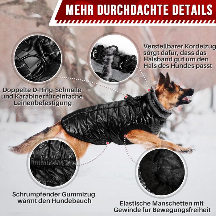 Звуковий теплий зимовий куртка для собак з флісовим коміром, куртка для собак з двома блискавками, відображає світло, для малих, середніх та великих собак (Чорний, XL)