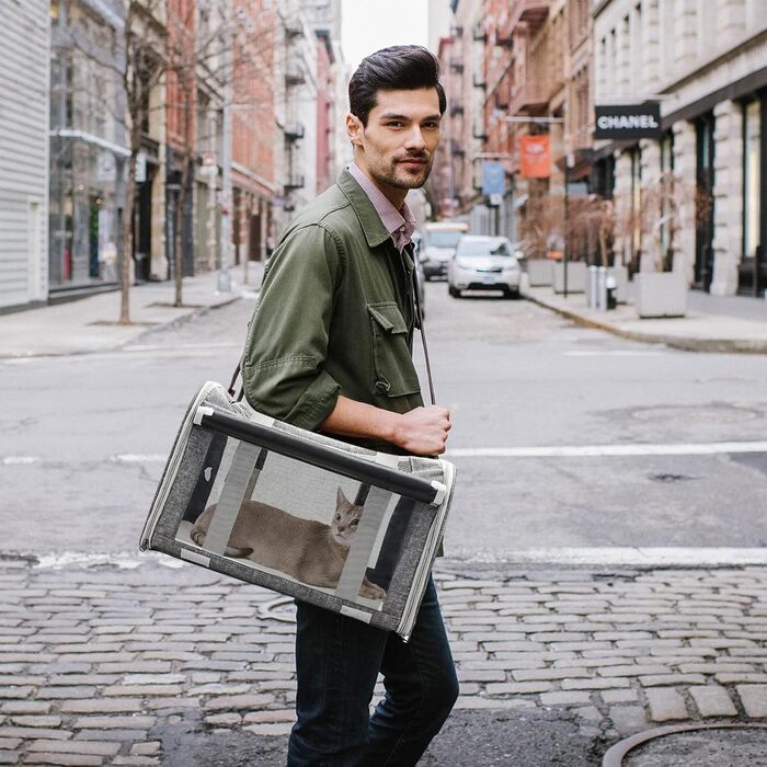 Транспортна переноска для собак та котів PETCUTE, складана, з внутрішнім ремінним кріпленням, схвалена авіакомпаніями, дихаюча, для подорожей та прогулянок (сіра)