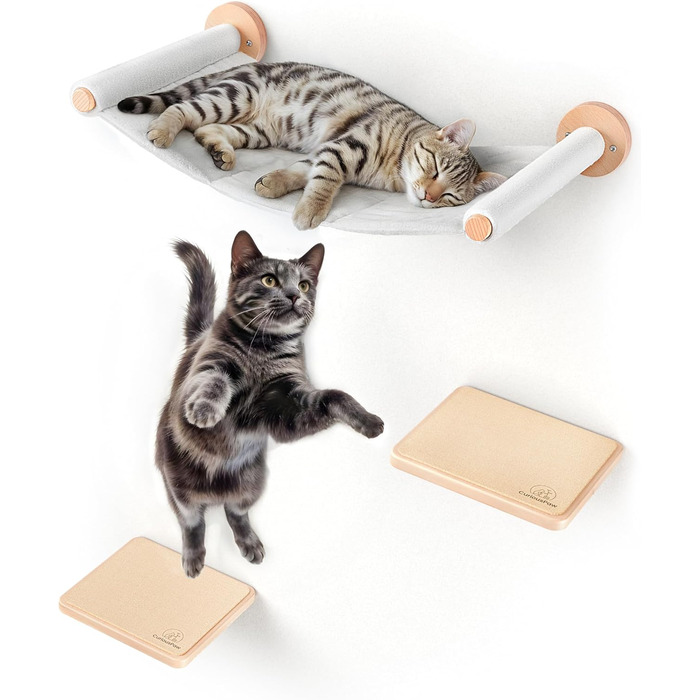 Кігтеточка-стіна Curious Paw для котів з гамаком - великі сходи з бука (Made in Germany), 2 сходи та гамак