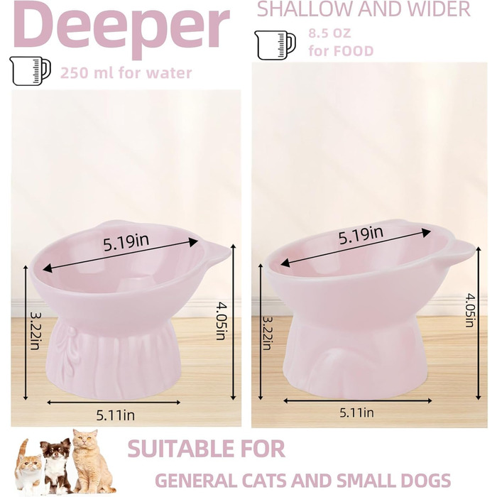 Набір мисок для котів 2 шт. підняті на 15°, кераміка, великі, для профілактики блювоти, підходять для корму та води, для котів та цуценят (білий, рожевий)