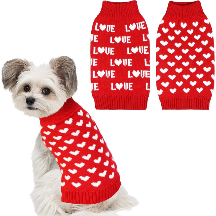 Набір з 2 пуловерів для собак на День святого Валентина, одяг для собак на День святого Валентина, в'язаний пуловер у вигляді серця для маленьких, середніх та великих собак, домашніх тварин (червоне серце та червоне кохання, розмір M) Червоне серце та чер