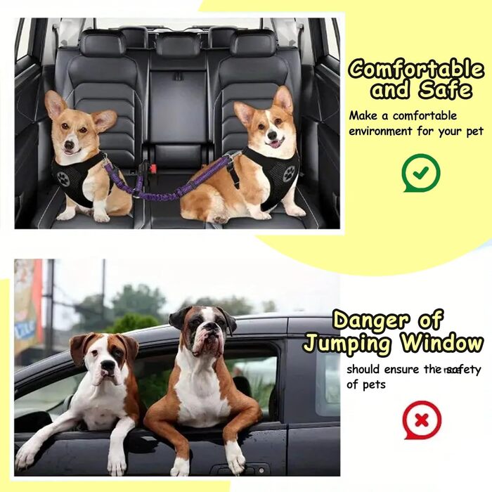 Ремінь безпеки для собак у машину, еластичний, подвійний, регульований (фіолетовий)