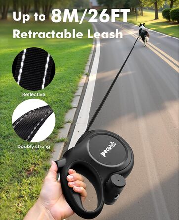 Рулетка для собак Pecute 8м, бісостійка, з набором для збору відходів, 360° без перекручування, чорна (до 50кг)