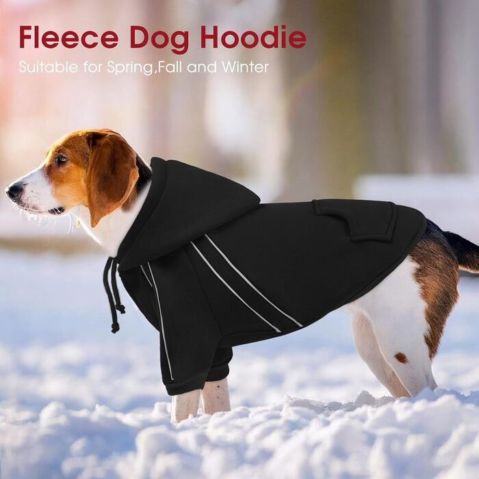 Теплий зимовий пуловер для собак ASENKU з флісу з відбиваючими смугами для маленьких собак XS, толстовка для собак з капюшоном та кишенями, куртка для собак з отвором для шлейки, м'яка та дихаюча зимова одяг для собак XS чорного кольору