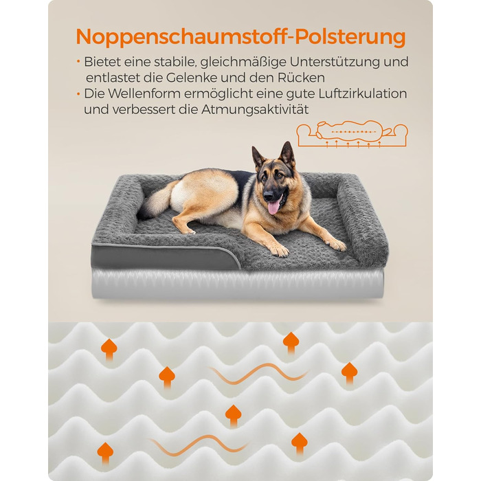 Ортопедичне ліжко для собак Feandrea, середнього розміру, водонепроникне, знімний плюшевий чохол, 91 x 68 x 16 см, PGW252G02 (XXL 122 x 85 x 16 см, сірий)