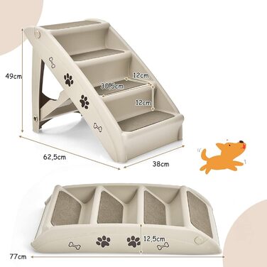 Сходинки для тварин GYMAX: 4 сходинки, складна конструкція, пластик, антиковзкі підкладки, килимки, для котів та собак (Бежевий)