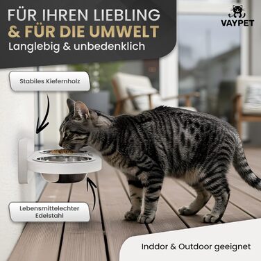 Підвищений годівниця для котів VAYPET® з силіконовим клеєм для кріплення на стіну без свердління. Плавучий годівниця для котів для зручного положення. Надійний годівниця з нержавіючої сталі білого кольору.