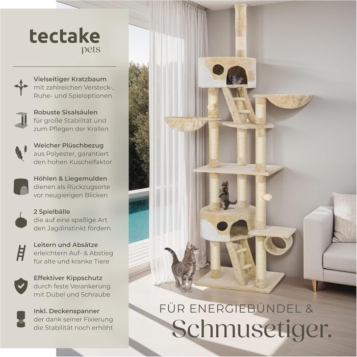 Котячий дряпак tectake XXL, регульований, 243-260 см, з лежаком, сходами, тунелем, домиком і сизалевою стовпчиком, бежево-білий