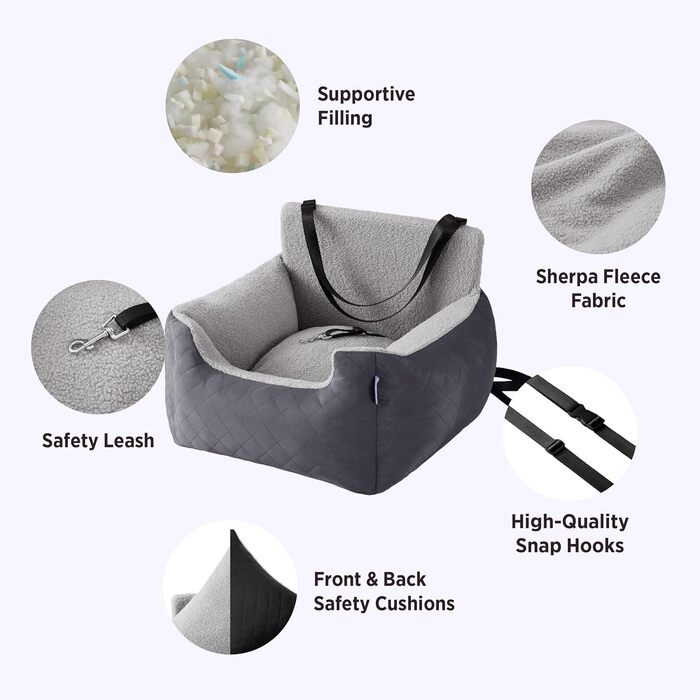 Автокрісло для собак Lesure - сіре, водонепроникне, з поворотком для повіска, для маленьких собак