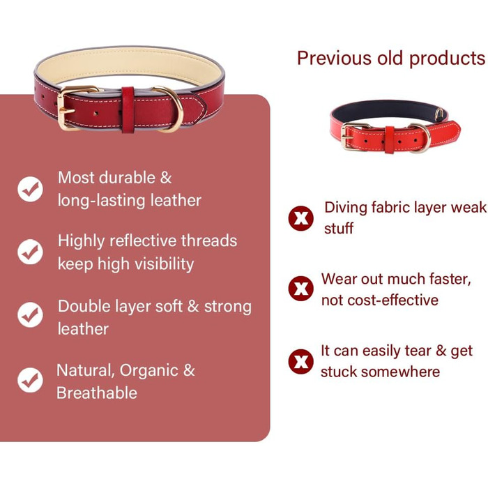 Нашийник для собак з червоної шкіри - якісний, м'який, з відбиваючими елементами та золотистою блискавкою для собак малих, середніх та великих порід