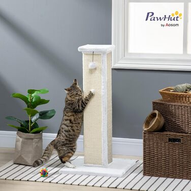 Кігтеточка PawHut для котів, 81 см, з натурального сизалю, м'який плюш, кулька, білий колір, 41 x 41 x 81 см