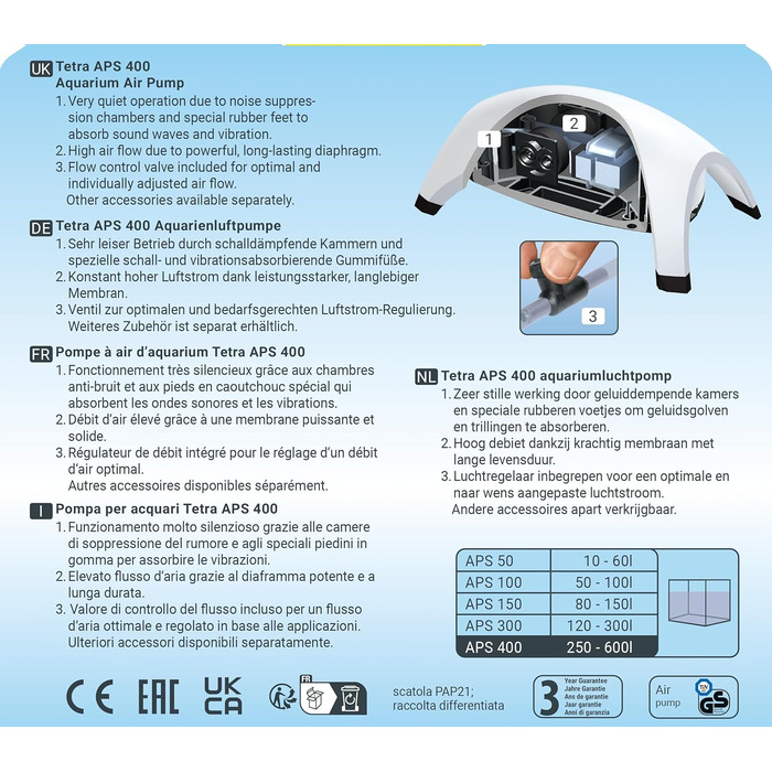 Tetra APS 400 тиха мембранна помпа для акваріумів 250-600 л, біла