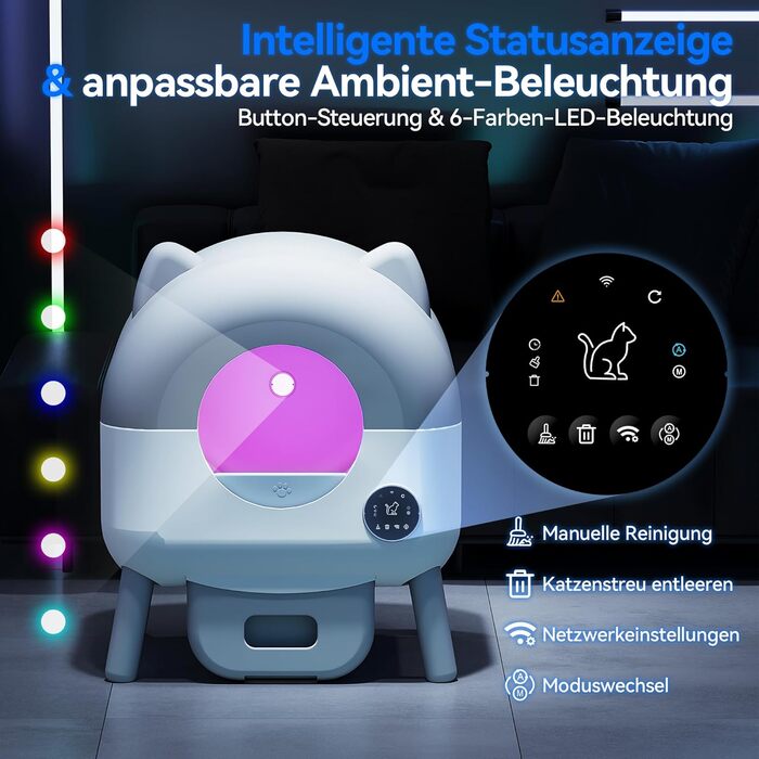 Автоматичний лоток для котів Devoko з самоочищенням, великий об'єм, керування через додаток, LED-підсвічування, килимок, для котів до 12 кг