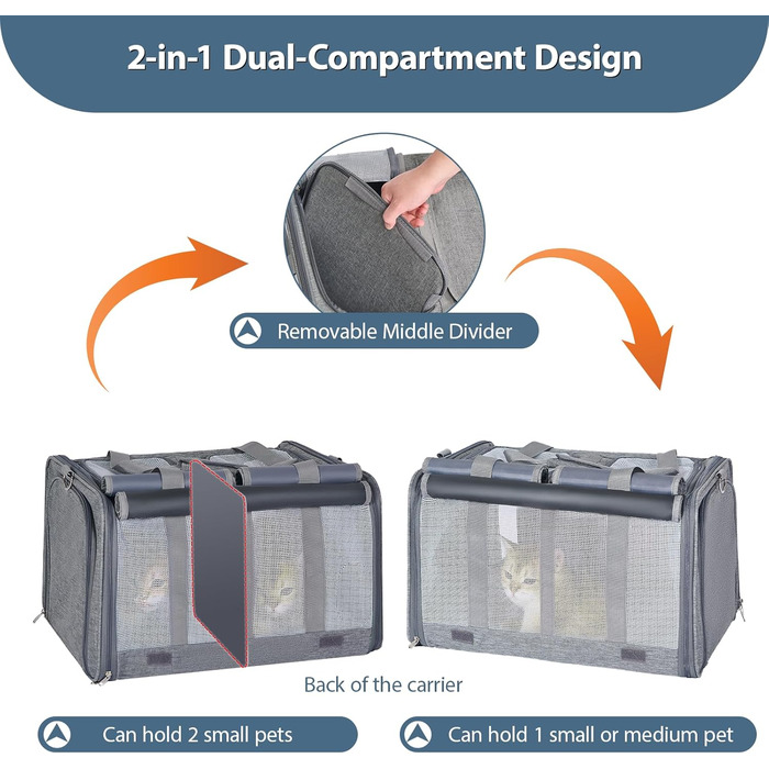 Розширювана переноска для котів та собак великого розміру на 2 тварин - переноска-рюкзак для котів та маленьких/середніх собак з розширенням з обох сторін, знімним вкладишем та кишенею для зберігання, сірого кольору - велика