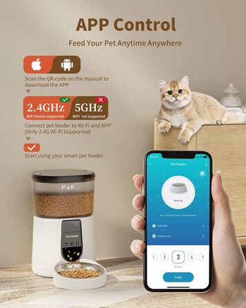 Автоматична годівниця для котів і собак Puppy Kitty, Wi-Fi 2.4 ГГц, розумна, з нержавіючою мискою для сухого корму, керування через додаток, голосові повідомлення, 1-10 порцій на день