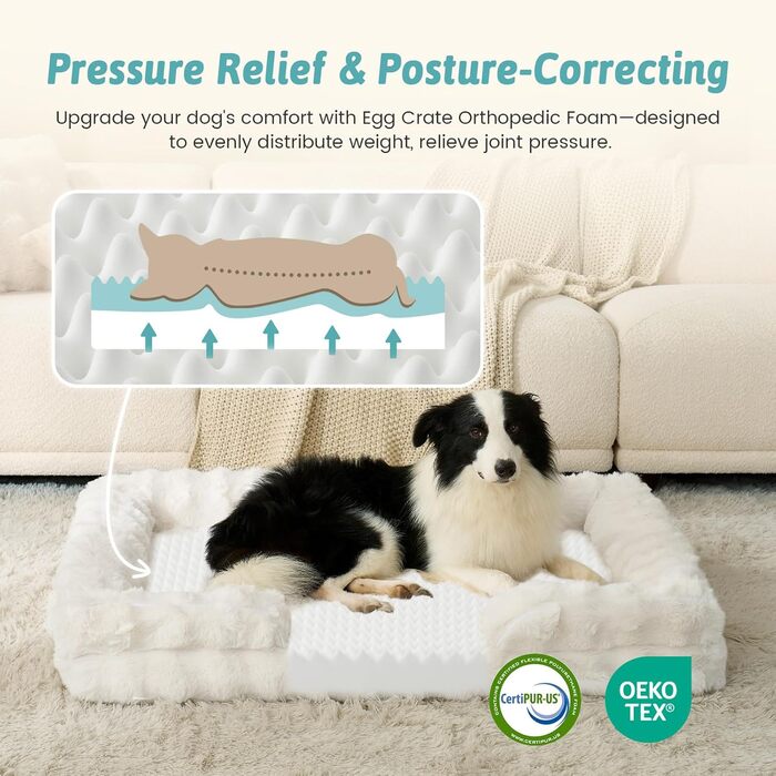 Ортопедичне ліжко для собак з штучного хутра, великі породи, диван з високопідтримуючим пінополіуретаном та водонепроникним чохлом, неслизьке, м'яке, тепле, пране, C-подібне, розмір XL (бежевий)