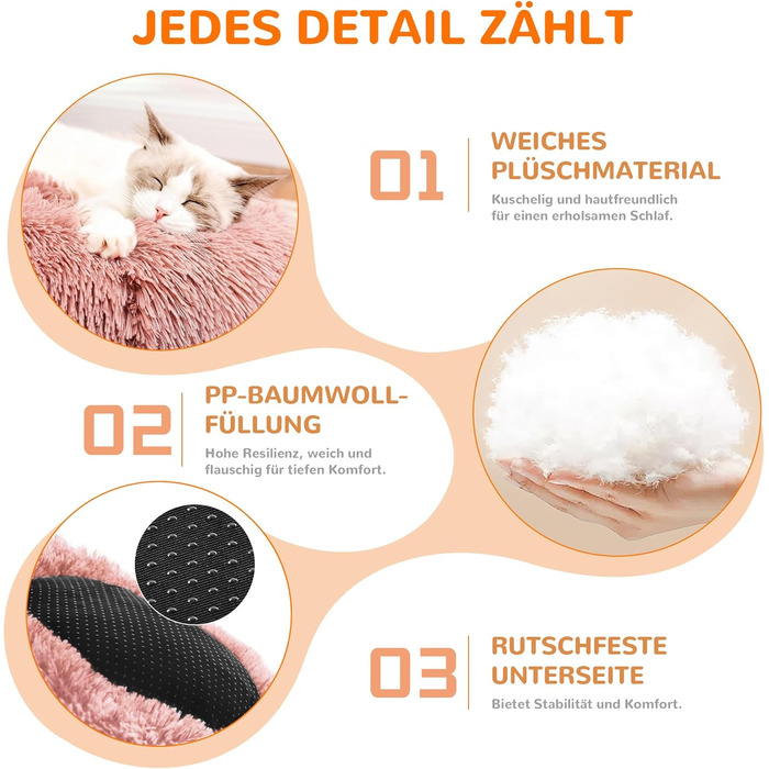 ALLSOPETS Заспокійливе кругле ліжко для собак і котів, м'яке плюшеве, з антиковзною основою, рожеве, 70 см, для малих і середніх порід, пране