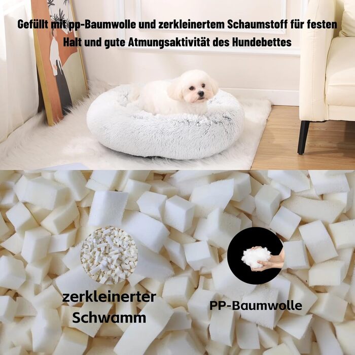 М'яке та пухнасте ліжко для собак, ліжко-пончик для котів, сіре ліжко-кошик для собак маленьких та середніх порід, 60x60x17 см, розмір M