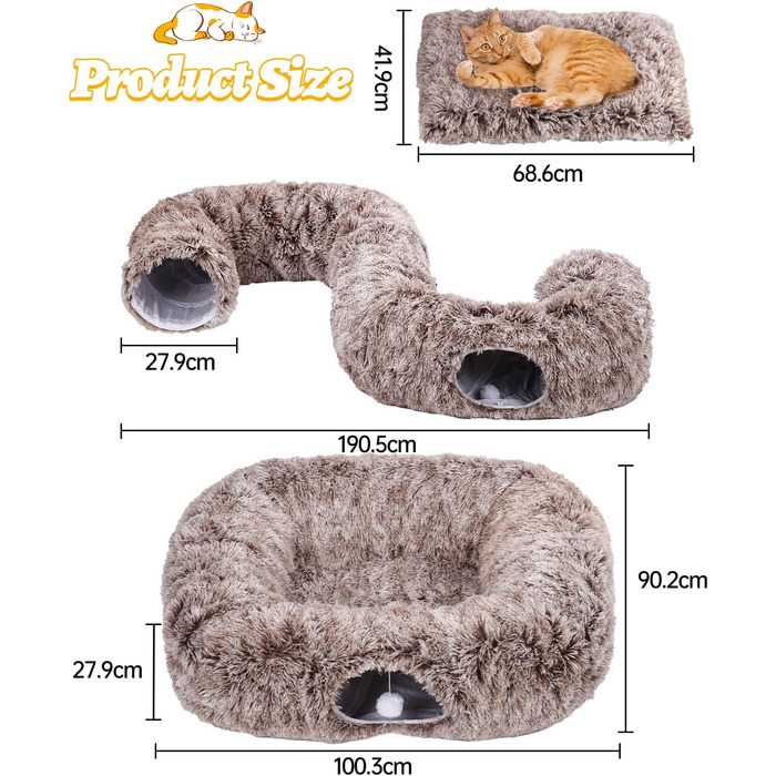 Туннель для котів Vuxava XXL сірий – іграшка та котяча печера з м'якою лежанкою, 100×82 см, 180 см, 2 входи, можна прати та розбирати