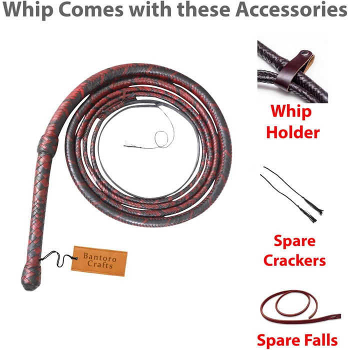 Бантаро Крафтс: Батогом з кенгурячої шкіри, чорно-чорний, важкий батіг для биків, 16 плетінь, шкіряний живіт та внутрішнє шкіряне наповнення, гучний, ударний, 1,8 метра (6 футів)