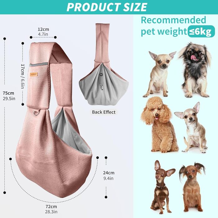 PETCUTE Сумка-переноска для собак, рожева, до 6 кг, з безпечним ременем, для прогулянок та активного відпочинку