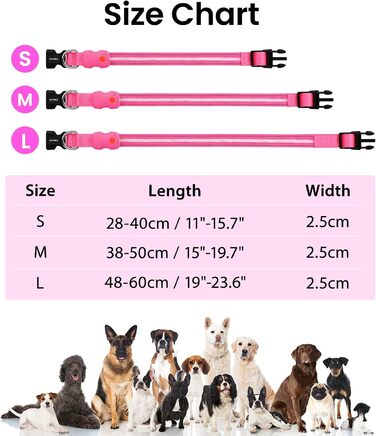 Світлодіодна нашийник для собак ASBRILL, перезарядна, 7 кольорів RGB, 8 світлодіодів, регульована, вологостійка, для маленьких, середніх та великих собак, (M, Рожевий)