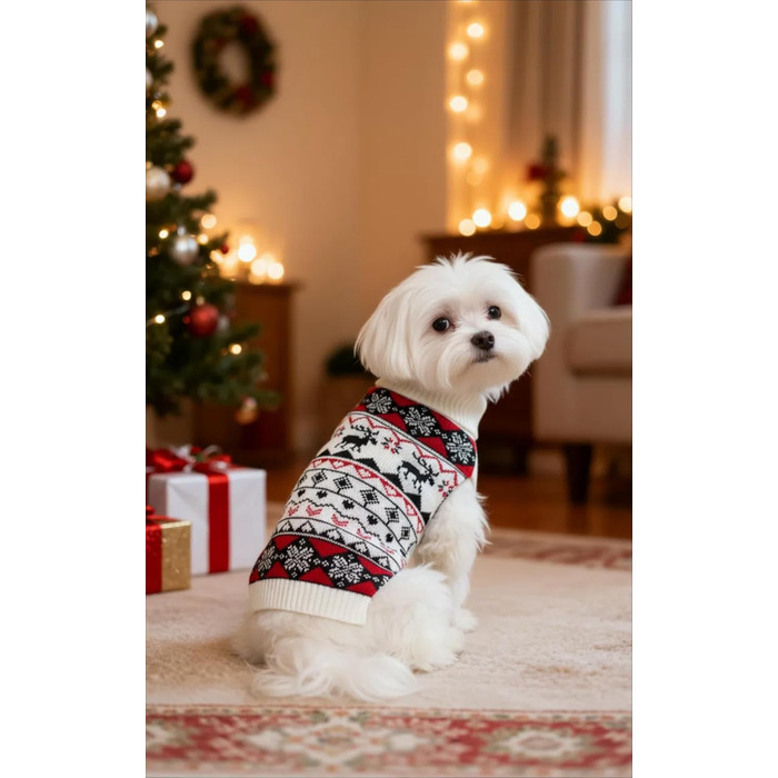 Вогняний святковий свитер для собак у стилі вінтаж з рейндером, червоно-білий, X-Large (XL), довжина спини 50.8 см, 1 шт.