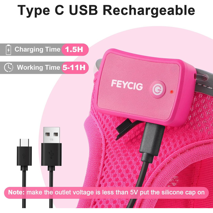 Світлодіодне шлейка для собак Feycig, зарядний акумулятор, світловідбиваючий, для цуценят та собак середніх розмірів, дихаюча шлейка (рожевий, X-Small)