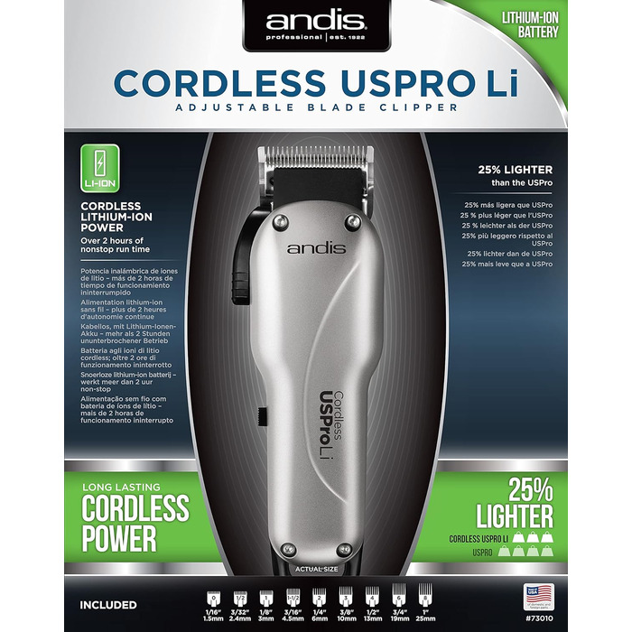 Andis Професійний волоссяний тример з літієвим акумулятором - бездротовий/провідний, регульована клинка, 2 години роботи, для будь-якого віку, срібний