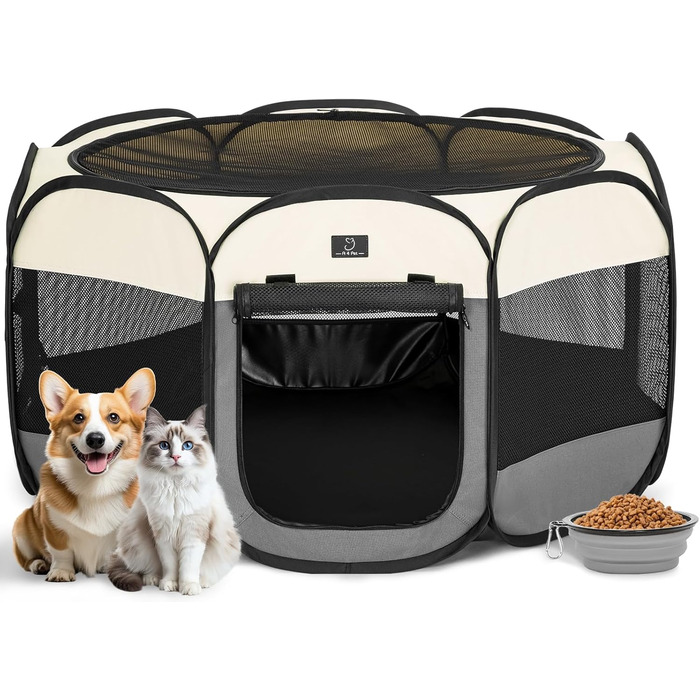 Клітка-загон для собак на 4 місця, великий розмір, портативна, з водонепроникним дном та блискавкою, для дому та вулиці, з мискою, темно-сірий та рожевий (M з мискою, темно-сірий та бежевий)