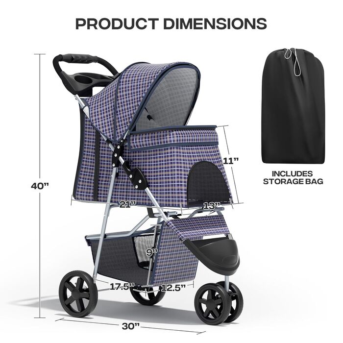 Дитяча коляска для котів та собак, 3 колеса, складний візок для тварин, 13,6 кг, з кошиком та тримачем для напоїв, в клітинку