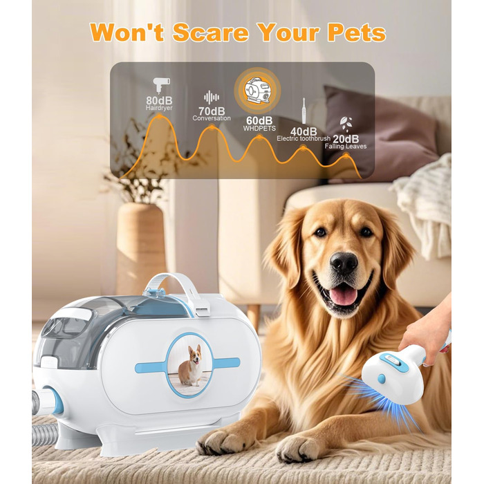 WHDPETS Машинка для стрижки собак зі збором шерсті, 2L контейнер для сміття, 45 dB, потужне всмоктування 9000 Pa, видаляє 99.99% шерсті, 4-в-1 для собак та котів