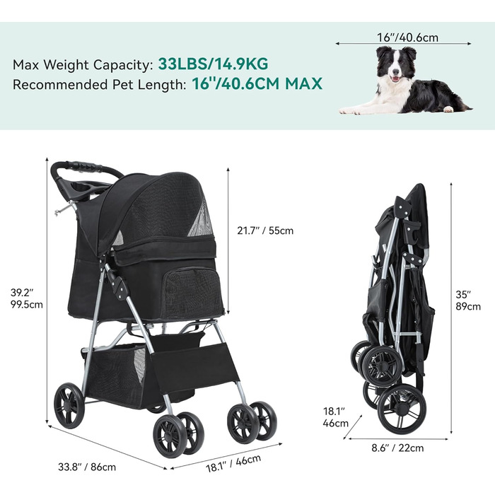 Візок для собак YITAHOME, середній розмір, 4 колеса, з кошиком для зберігання, складаний, з тримачем для напоїв (чорний, без дощового покриття)