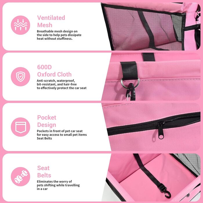 Автокрісло для собак у багажник, рожеве: з дихаючого оксфорду, для маленьких та середніх собак, з можливістю складання