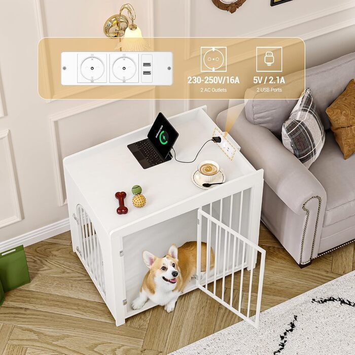 Сучасна собача будка Hzuaneri з USB та розеткою, 2 двері, 90x63x79 см, біла