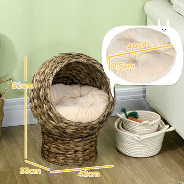 PawHut Ротанг Кошик для кішок Cuddly Cat Cave з подушкою, ліжко для вихованця з водяного гіацинта темно-коричневий 42x33x52см для розслаблених котів