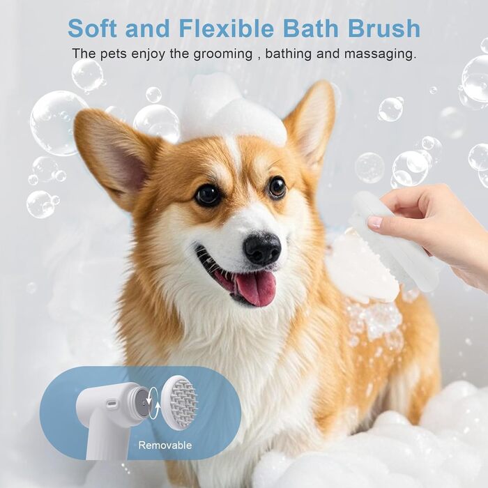 Електричний диспенсер пінки для миття собак з щіткою. М'яка щітка, масаж та грумінг. Регульовані режими пінки/спрею. Бездротовий диспенсер миючого засобу для собак з короткою та довгою шерстю. (Білий)