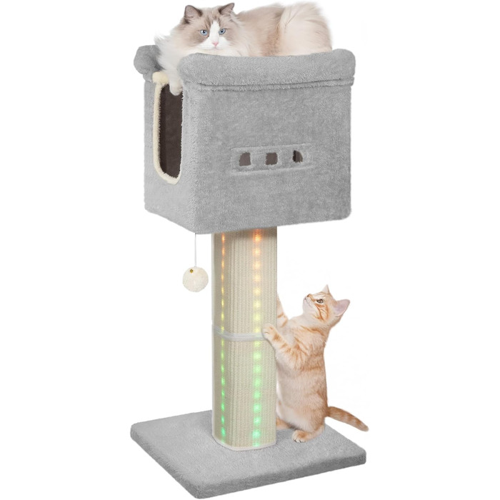 Котячий комплекс Hzuaneri 99 см з LED підсвіткою, сірий – когтеточка із сизалю, велика платформа, будиночок для котів, іграшка-бомбочка, меблі для котів 45x40x99 см, модель MS99918LG