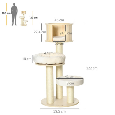 PawHut Cat Tree with Cat Cave висотою 122см, три рівня, дерево, стовбури з сизалю, ігрові м'ячі для активних котів