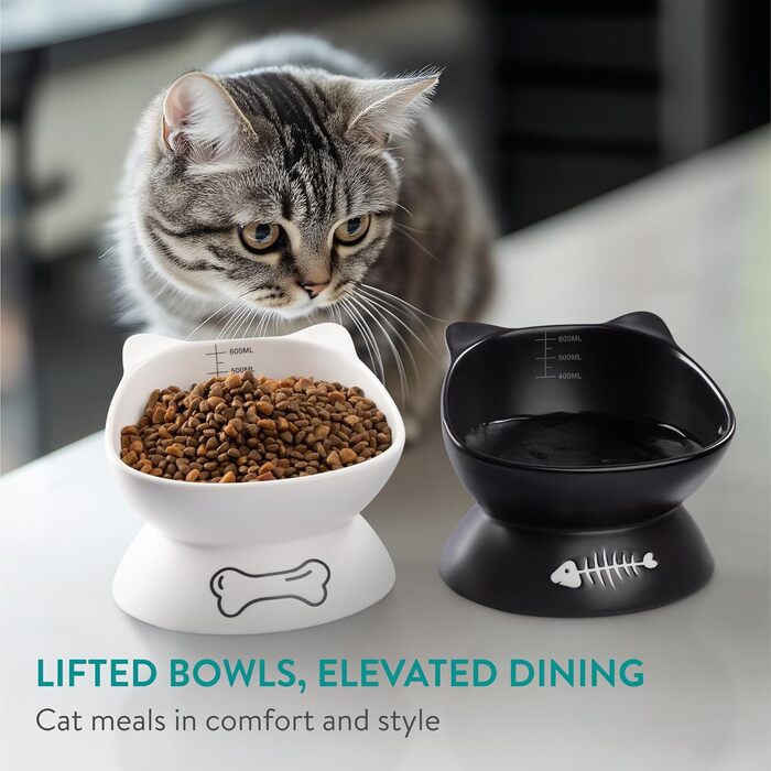 Набір мисок для котів Navaris: 2 миски по 400 мл з позначеннями об'єму, піднята годівниця, кераміка, стильний дизайн