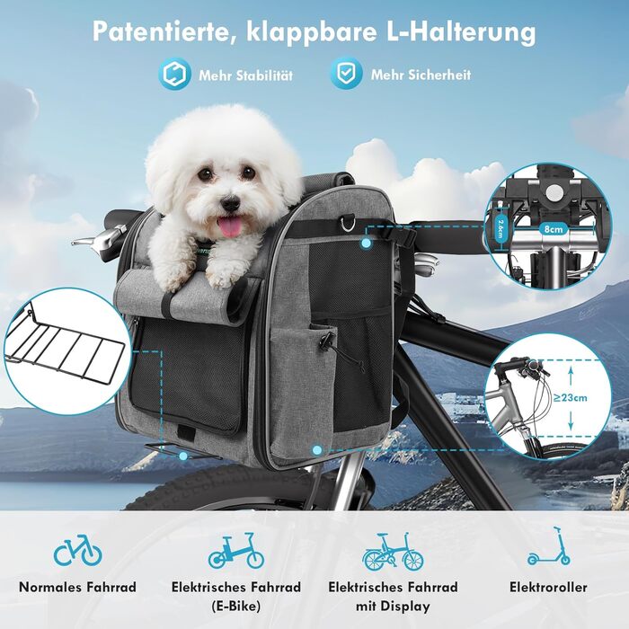 Корзина для собак на велосипед до 10 кг з L-подібним кріпленням Φ8см, складана корзина для велосипеда 4 в 1: рюкзак, сумка через плече, автокрісло, з м'якою подушкою, сітчастими вікнами та світловідбиваючими смугами