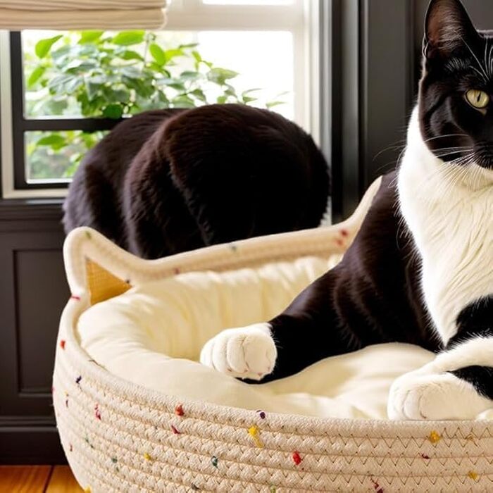 Ліжко для котів кругле миюче з бавовняного каната, кошик для сну з подушкою, лежанка для котів та собак 40x40x15 см, барвисте