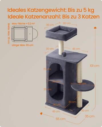 Дряпка для котів Feandrea, кігтеточка з 2 будиночками, кігтеві стовпи, для кількох котів, кошенят, сіра (PCT005G01)